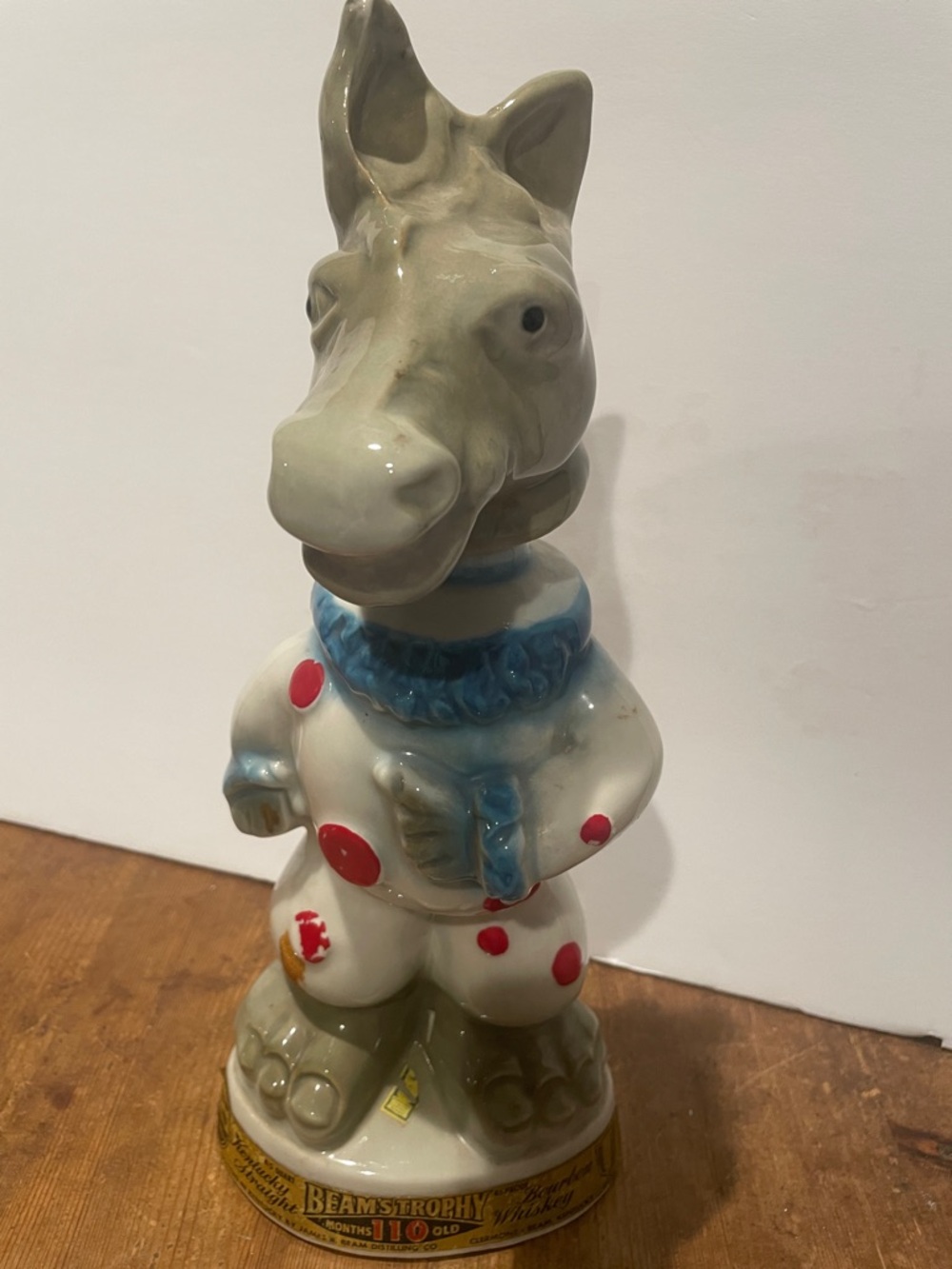 Whimsical Cream Ceramic Clown Figurine with Red Polka Dots and Blue Trim